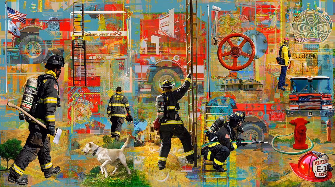 Artwork design: a wide, brightly coloured collage of firefighters in turnout gear carrying an axe, climbing a ladder and aiming a hose, with a white dog, a fire engine, a red hydrant, a valve wheel, coiled hoses and Alameda County Fire insignia