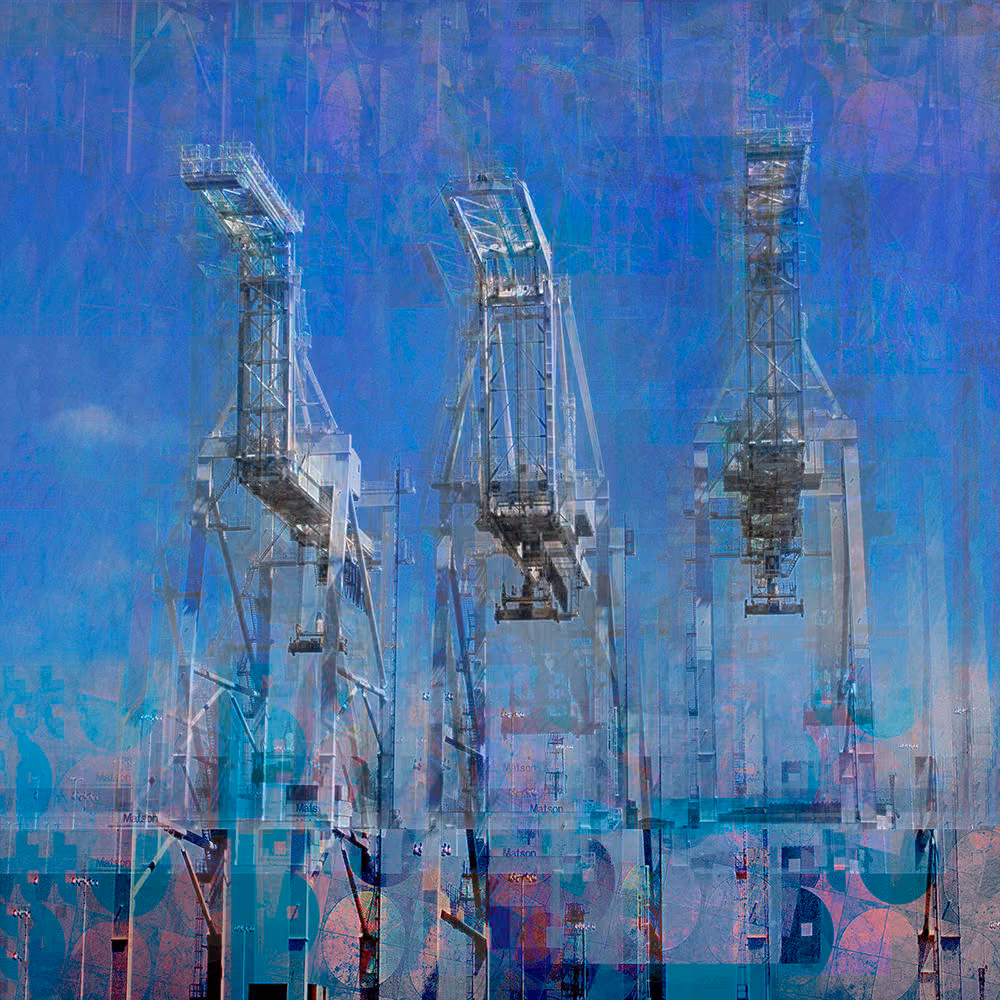 Three tall container-port cranes rising through layered blue and violet textures