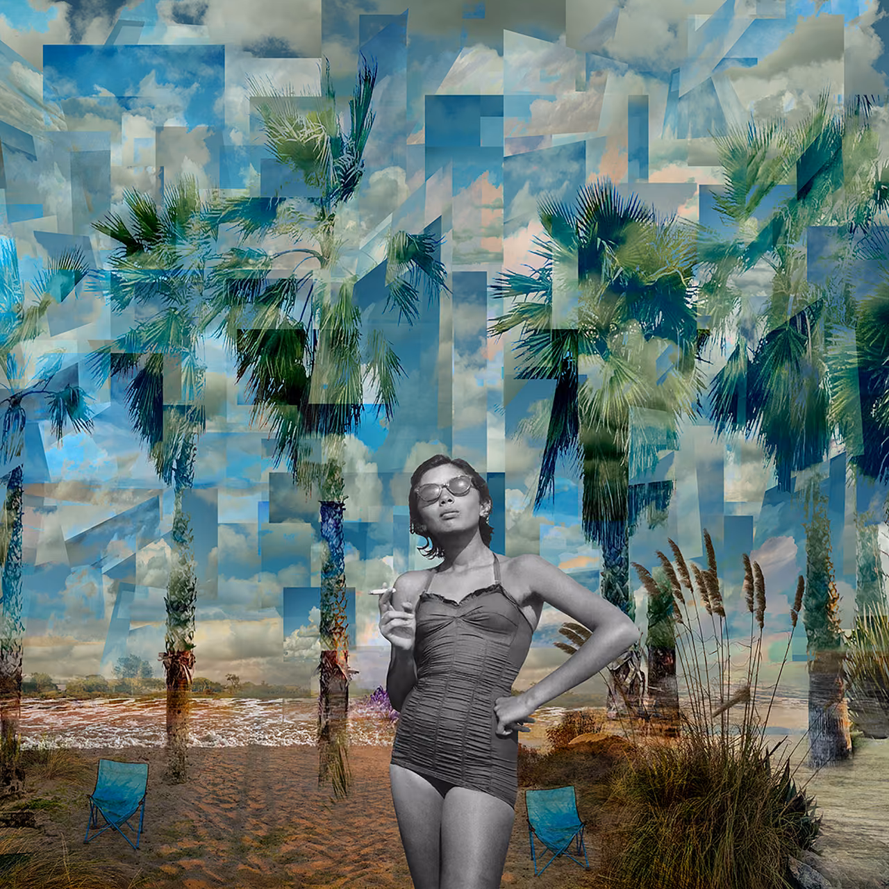 Black-and-white photograph of a woman in a vintage swimsuit posing among tiled palm trees on a beach