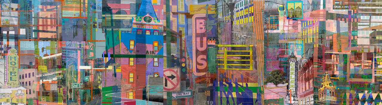 Long colorful collage of city buildings and signs, including a 'BUS' sign
