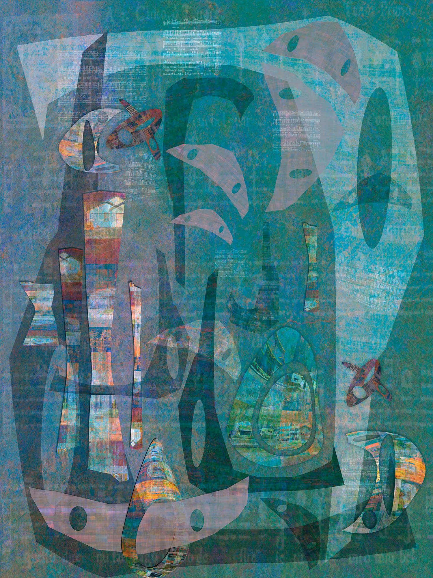 Grey-green layered abstract of translucent vertical shapes and sheet-music fragments