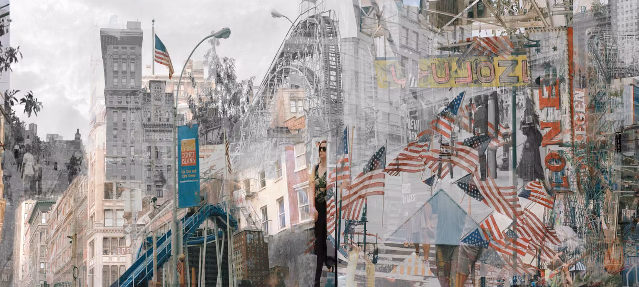Collage of Coney Island buildings, American flags, signs and a roller coaster