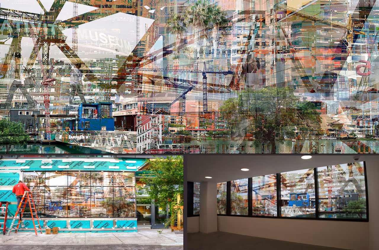 Layered urban collage of cranes, palms and buildings above two photographs of the glass installed in a building front
