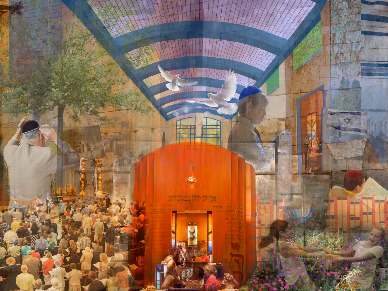 Layered photographic collage of a congregation, an ark, doves and an arched ceiling