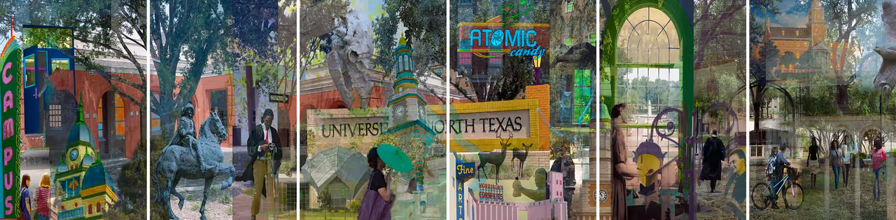Six-panel collage of campus buildings, statues, students and a 'University of North Texas' sign