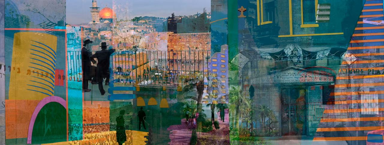Collage of Jerusalem domes, walls, palms and figures in colorful layers