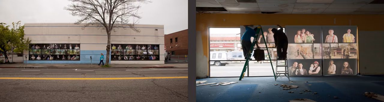 Exterior of a building with photographic banners in its windows, beside an interior view of the banners being installed