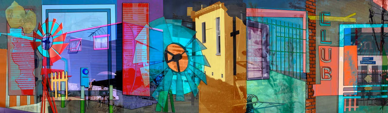 Long collage of colorful buildings, a windmill and a sign reading 'Club'