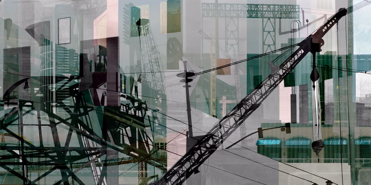 Layered collage of cranes and steel building frames in green and grey