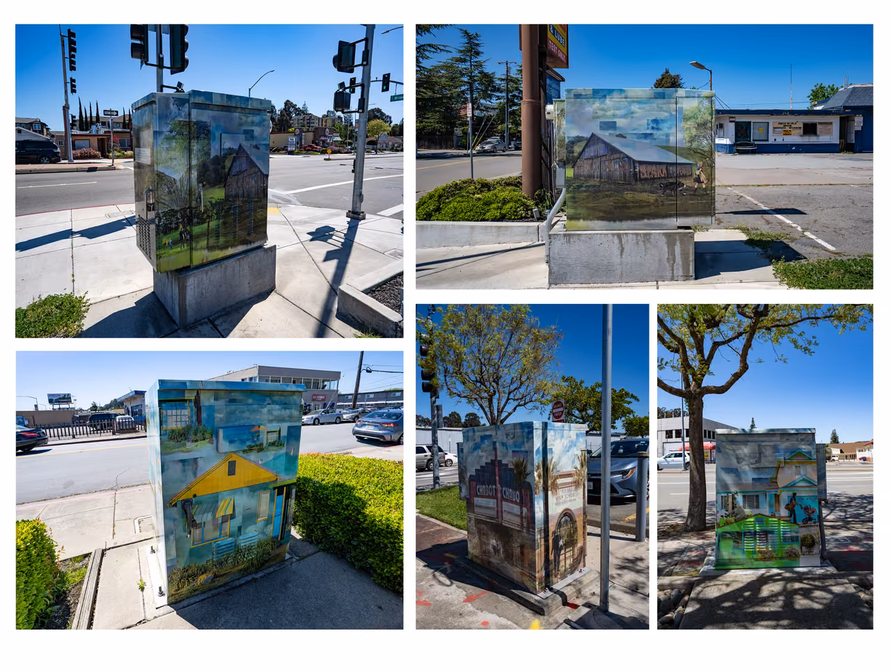Five photographs of utility boxes on street corners wrapped in collaged landscape and house imagery