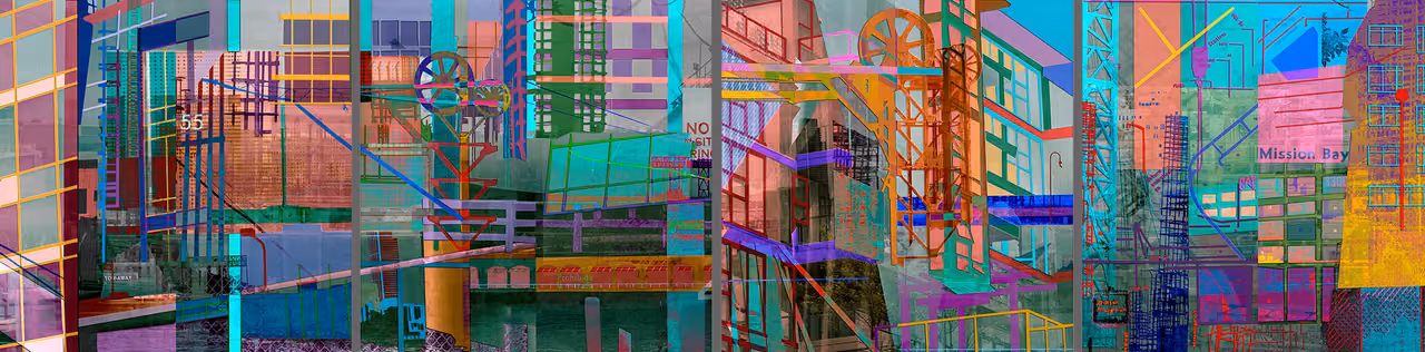 Long four-panel collage of colorful building fragments and machinery