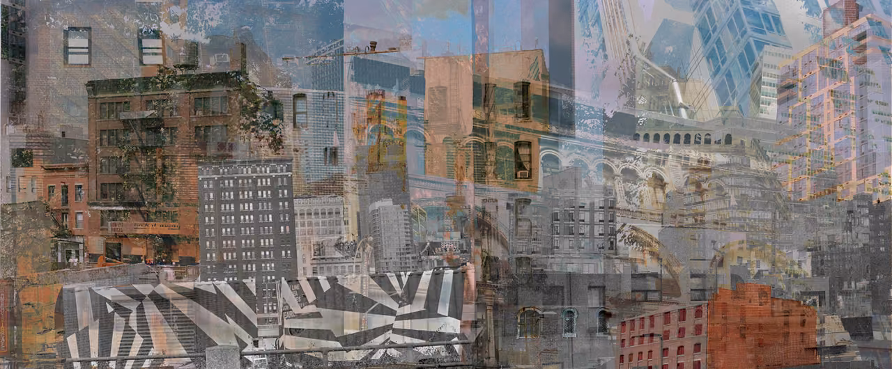 Layered collage of tenements and skyscrapers with a black-and-white striped foreground